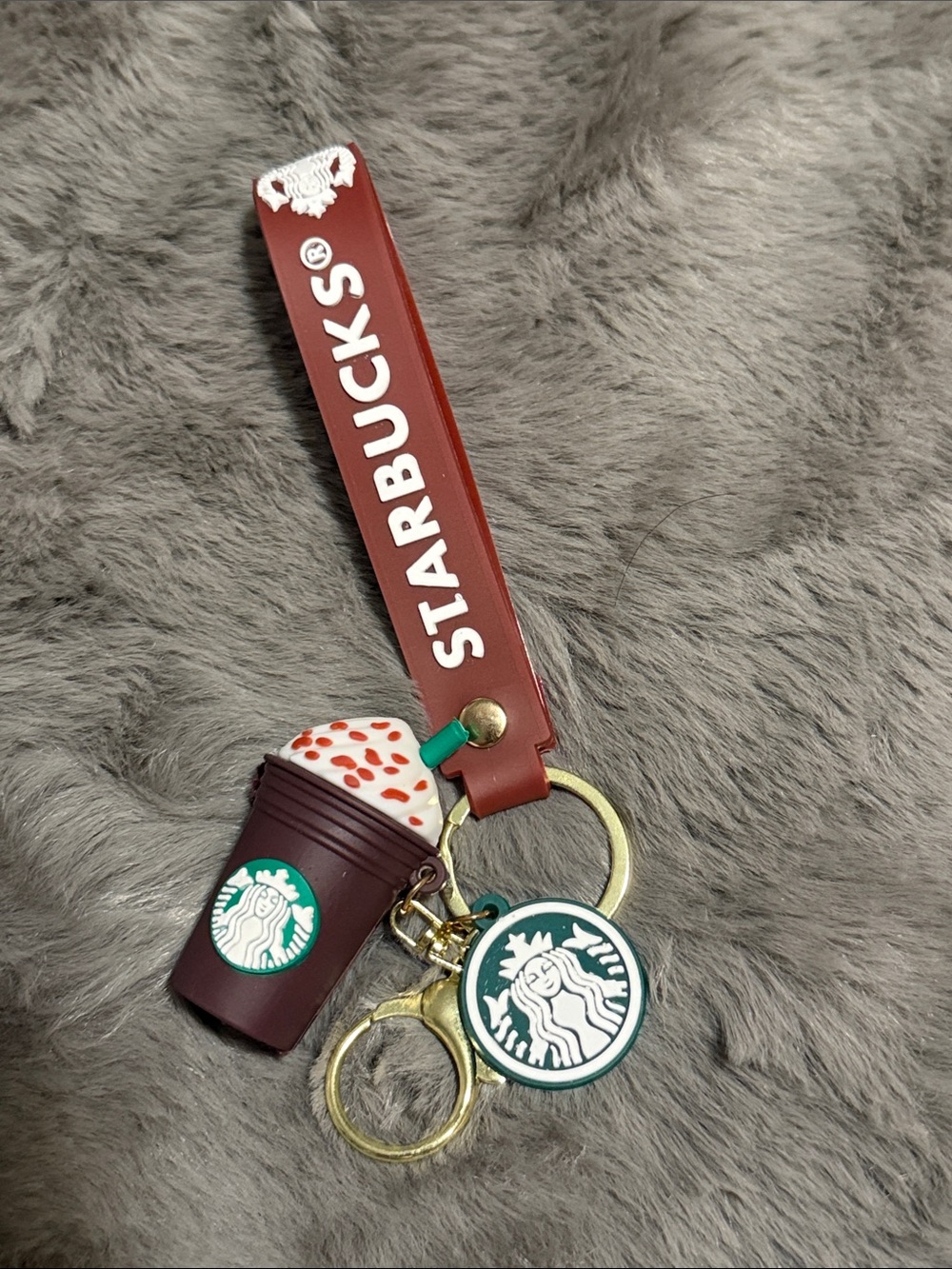 Starbucks Maroon Wristlet Keychain with Coffee Cup & Logo Charms